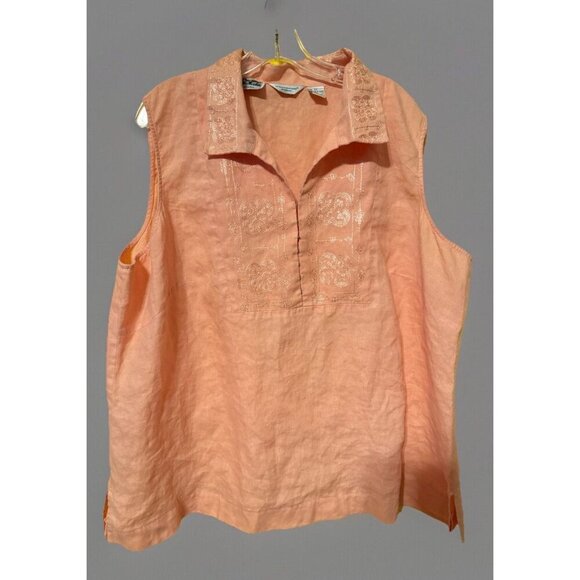 Richard Maicolm Irish Linen Top Peach Sleeveless Collared Embroidered Size 3X - Picture 1 of 2